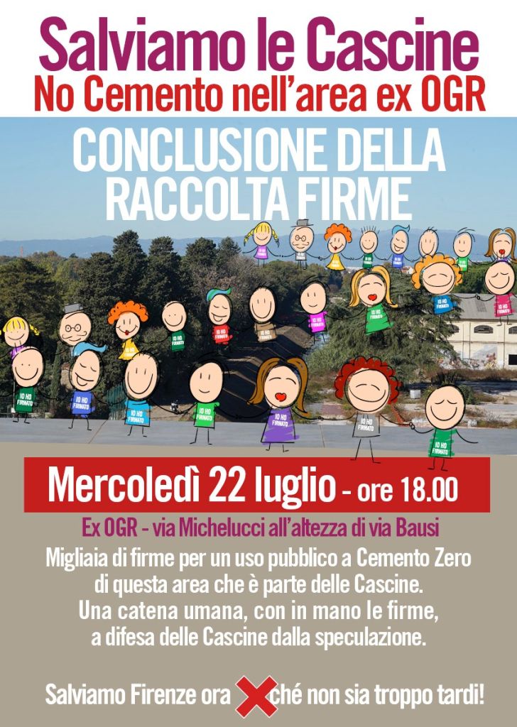 Mercoledì 22 luglio catena umana per la conclusione della raccolta firme Salviamo le Cascine